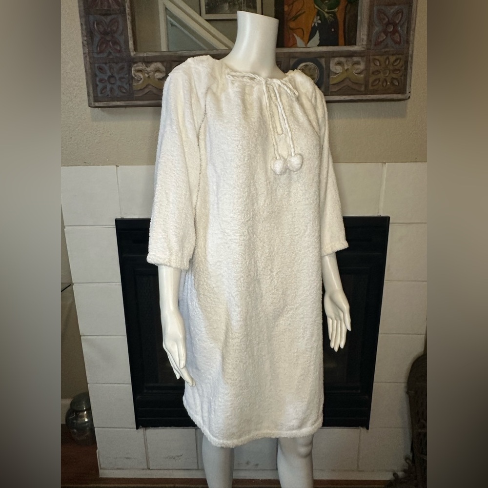 vtg 3/4 sleeve White terry cloth Cover Up Dress Cotton Armpit To Armpit 22